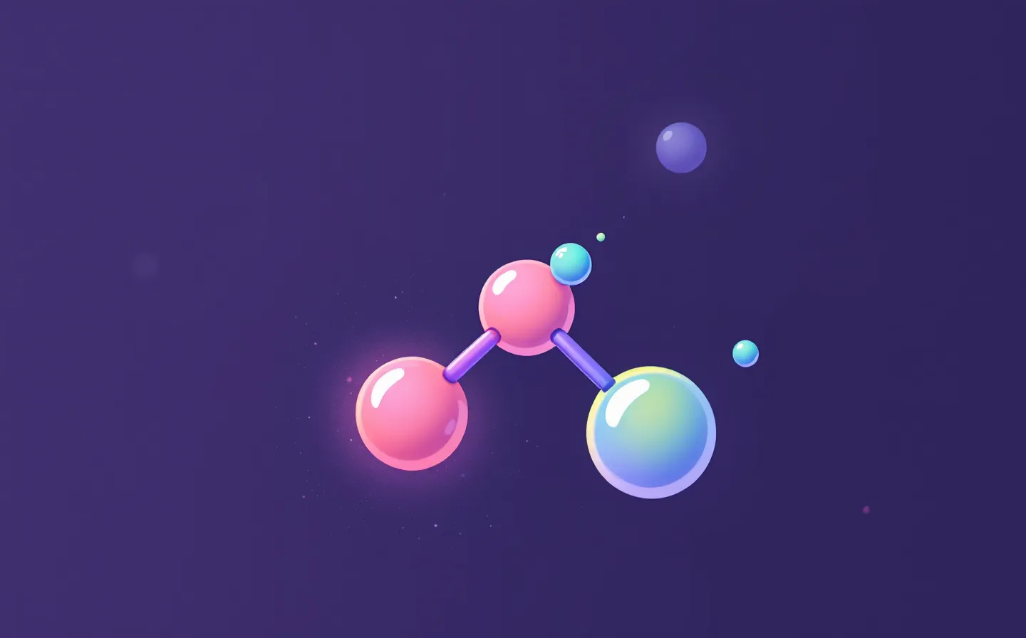 Soft pastel illustration of a coral copper(II) coordination node bonded to a three-bead capsule-shaped tripeptide chain with a lime active-site bead, on a deep cool ink-violet ground